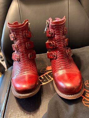 freebird Red Textured Leather Buckle Ankle Boots